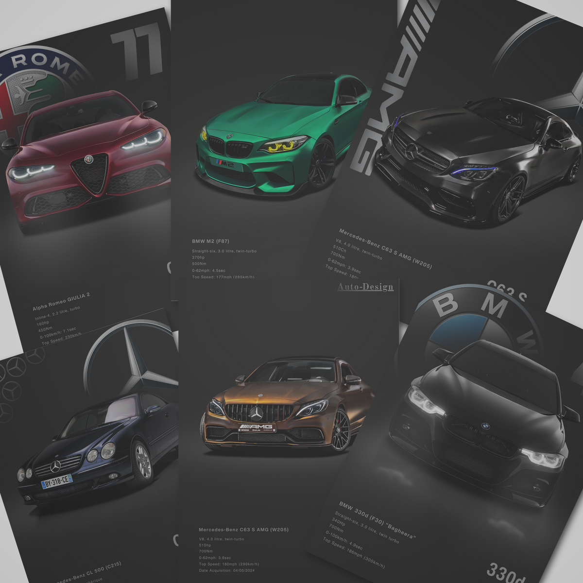 A photo showing 6 examples of personalized posters with black background made by auto-design.store .