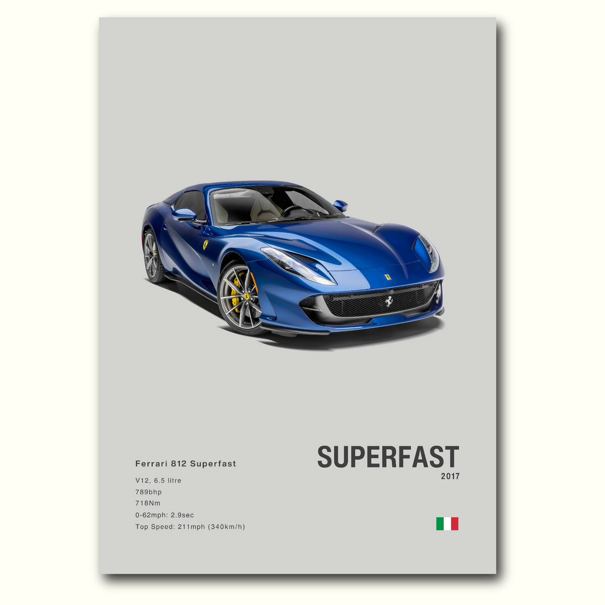 A poster featuring a blue Ferrari 812 Superfast with a grey background, highlighting the car's front profile. Minimalist poster with car details on the bottom.