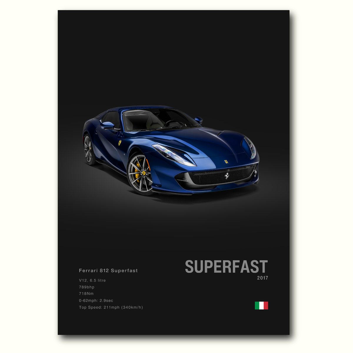 A poster featuring a blue Ferrari 812 Superfast with a dark background, highlighting the car's front profile. Minimalist poster with car details on the bottom.