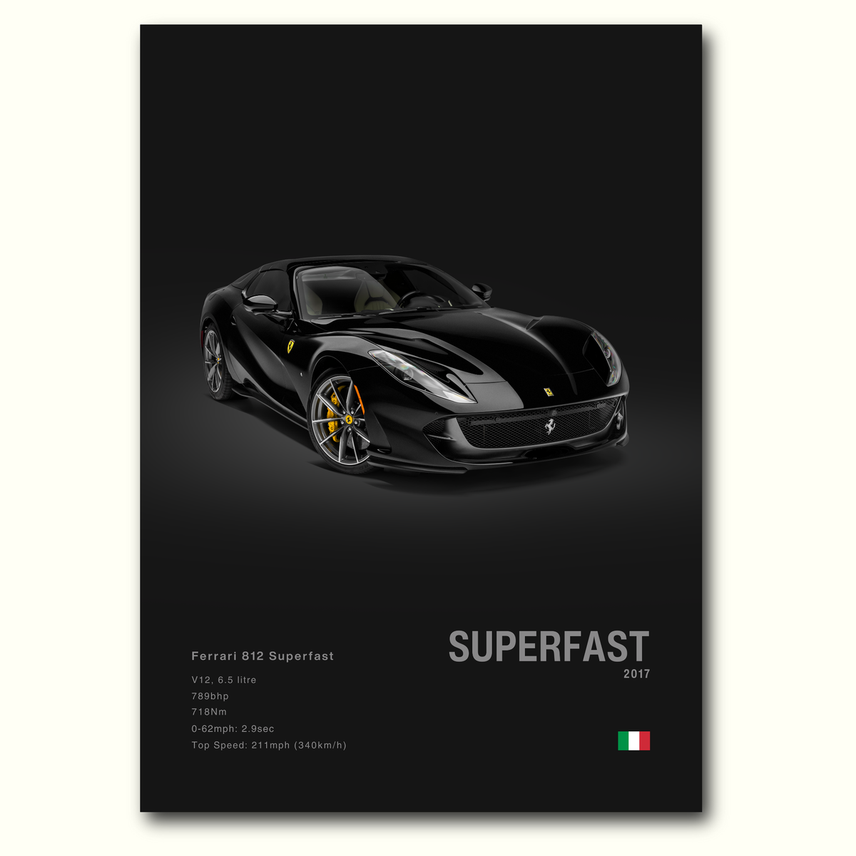A poster featuring a black Ferrari 812 Superfast with a dark background, highlighting the car's front profile. Minimalist poster with car details on the bottom.