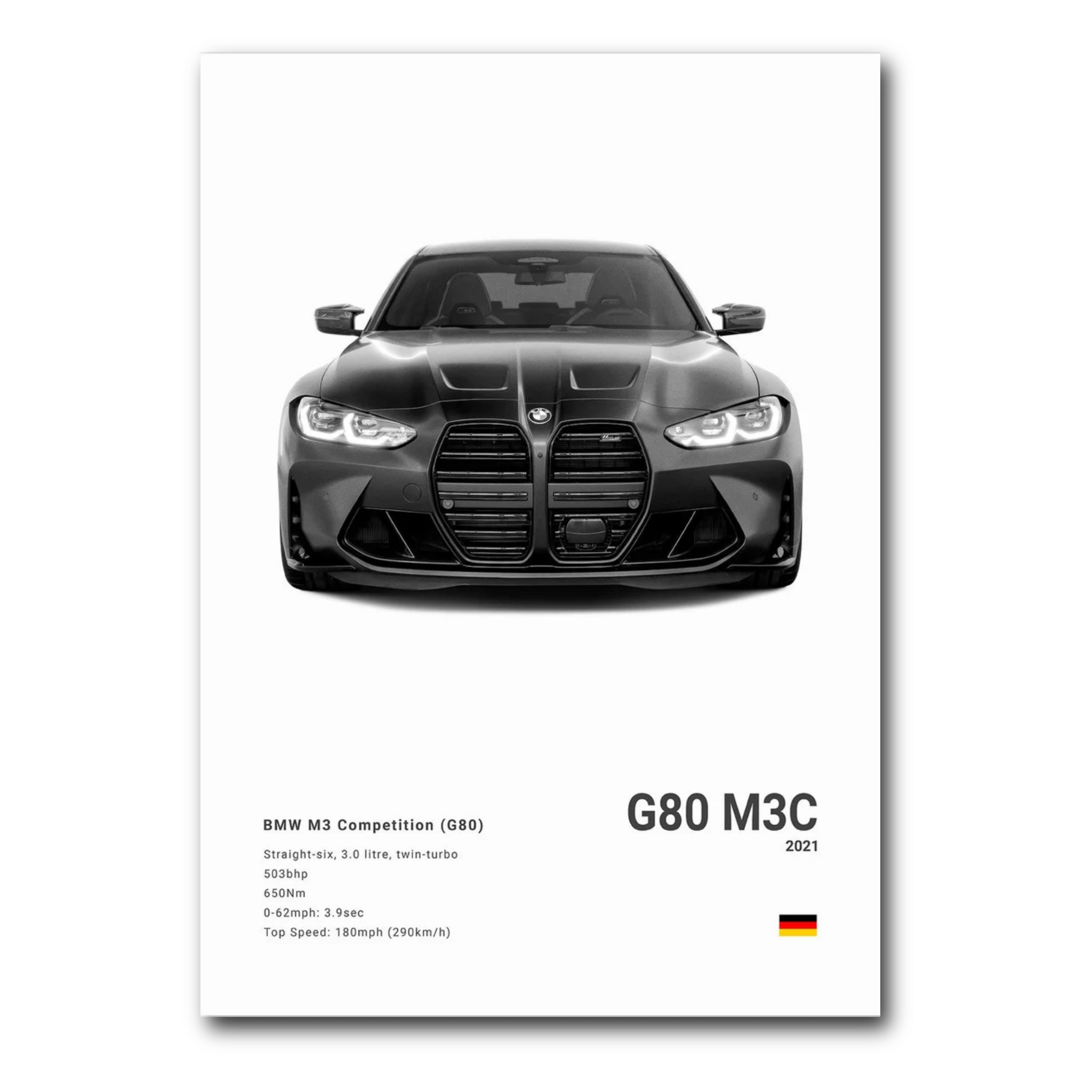 A poster featuring the BMW M3 Competition (G80) in a front-facing view on a white background, with details about the model specifications.