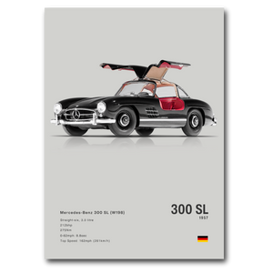 Poster Mercedes 300 SL vue de côté fond gris