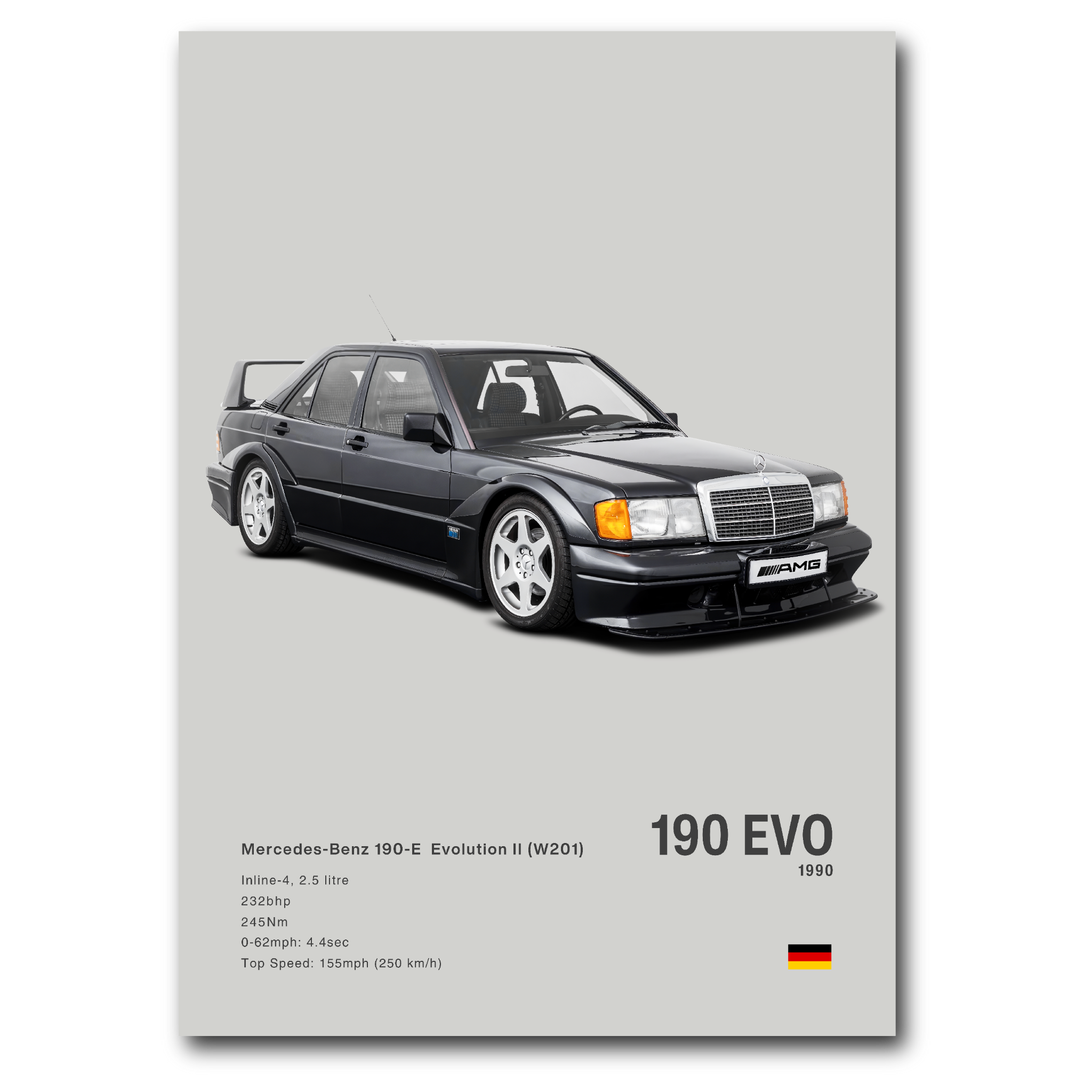 Poster Mercedes 190E EVO II vue de face fond gris