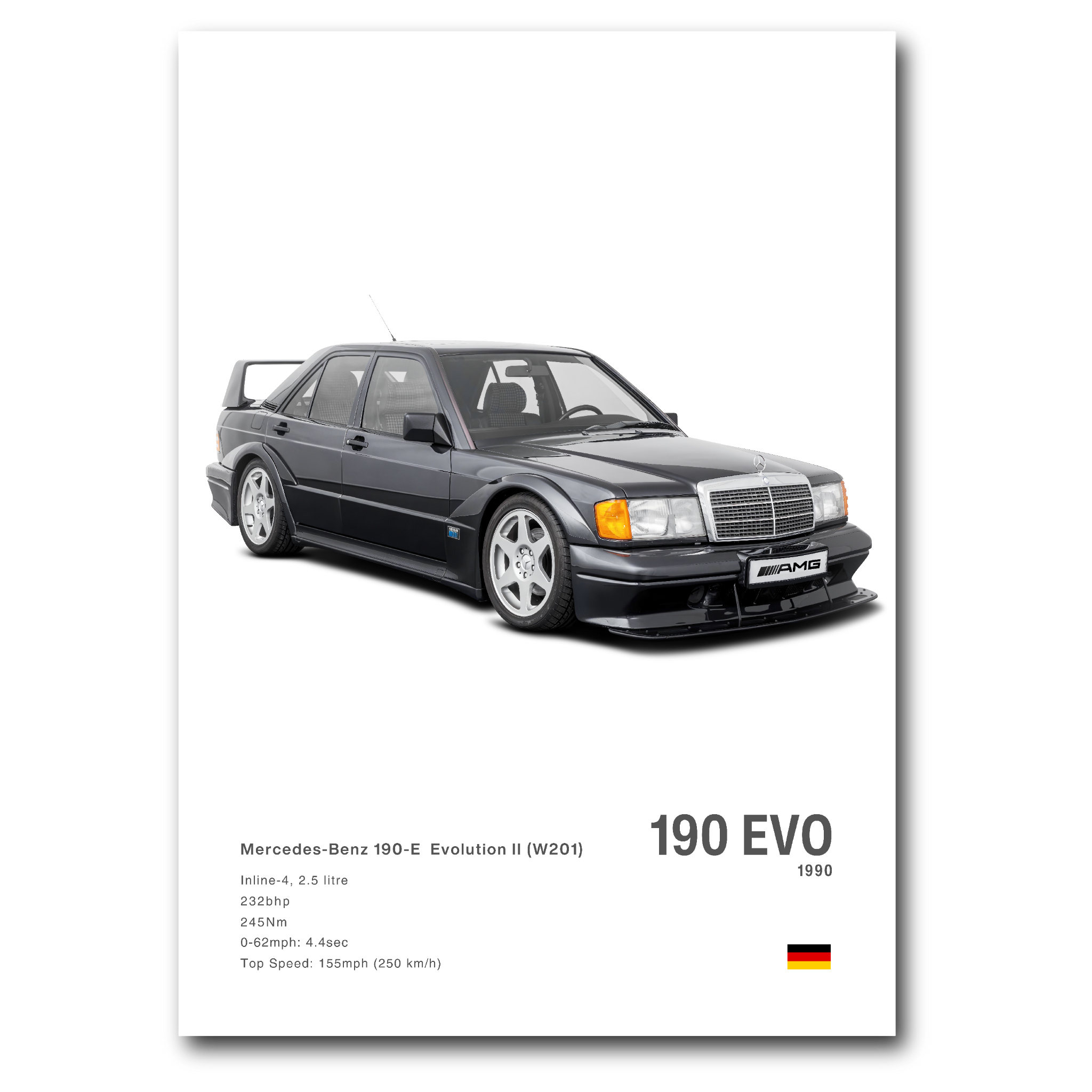 Poster Mercedes 190E EVO II vue de face fond blanc