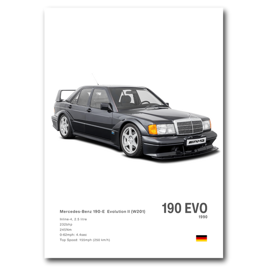Poster Mercedes 190E EVO II vue de face fond blanc