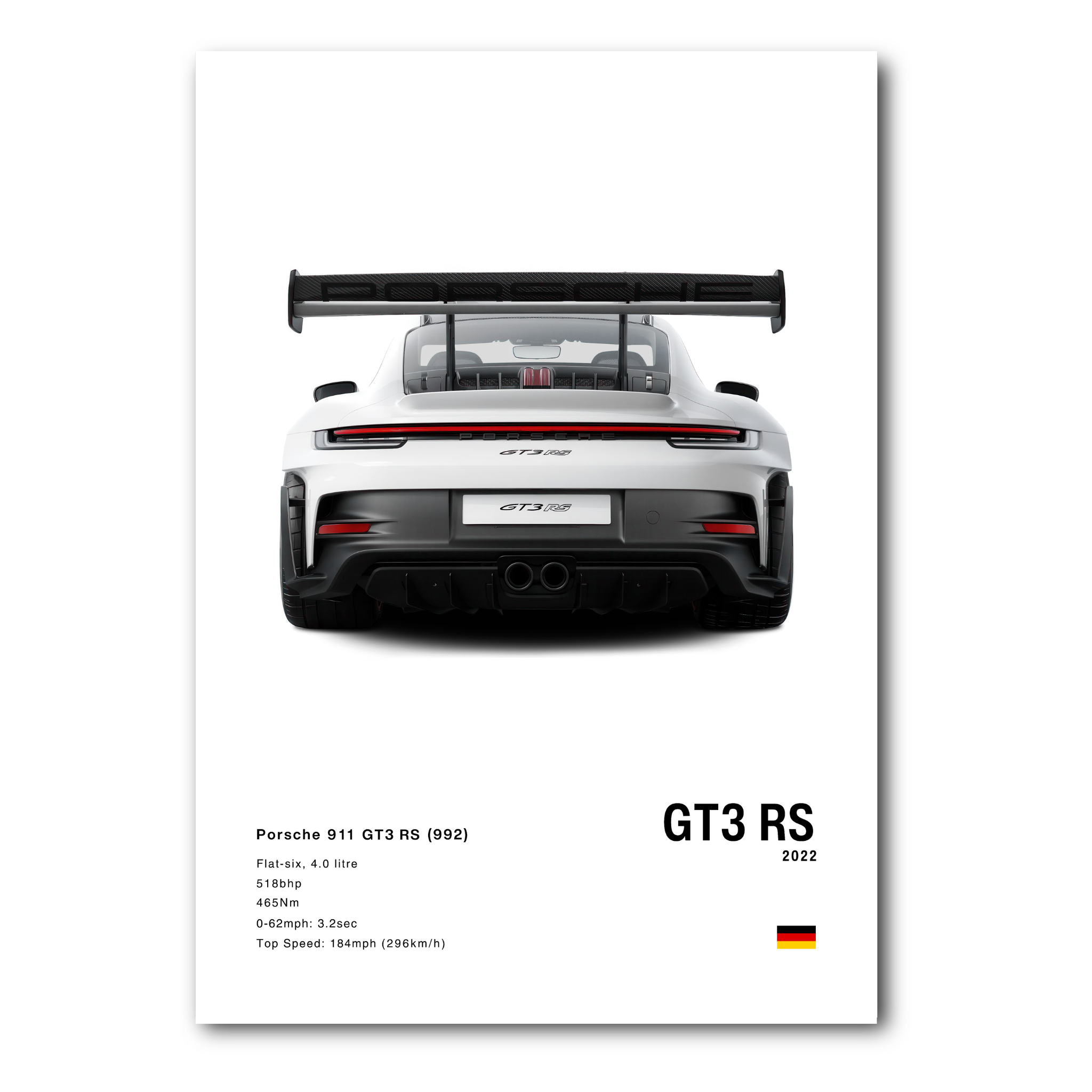 Poster Porsche 911 991 GT3RS vue arrière fond blanc