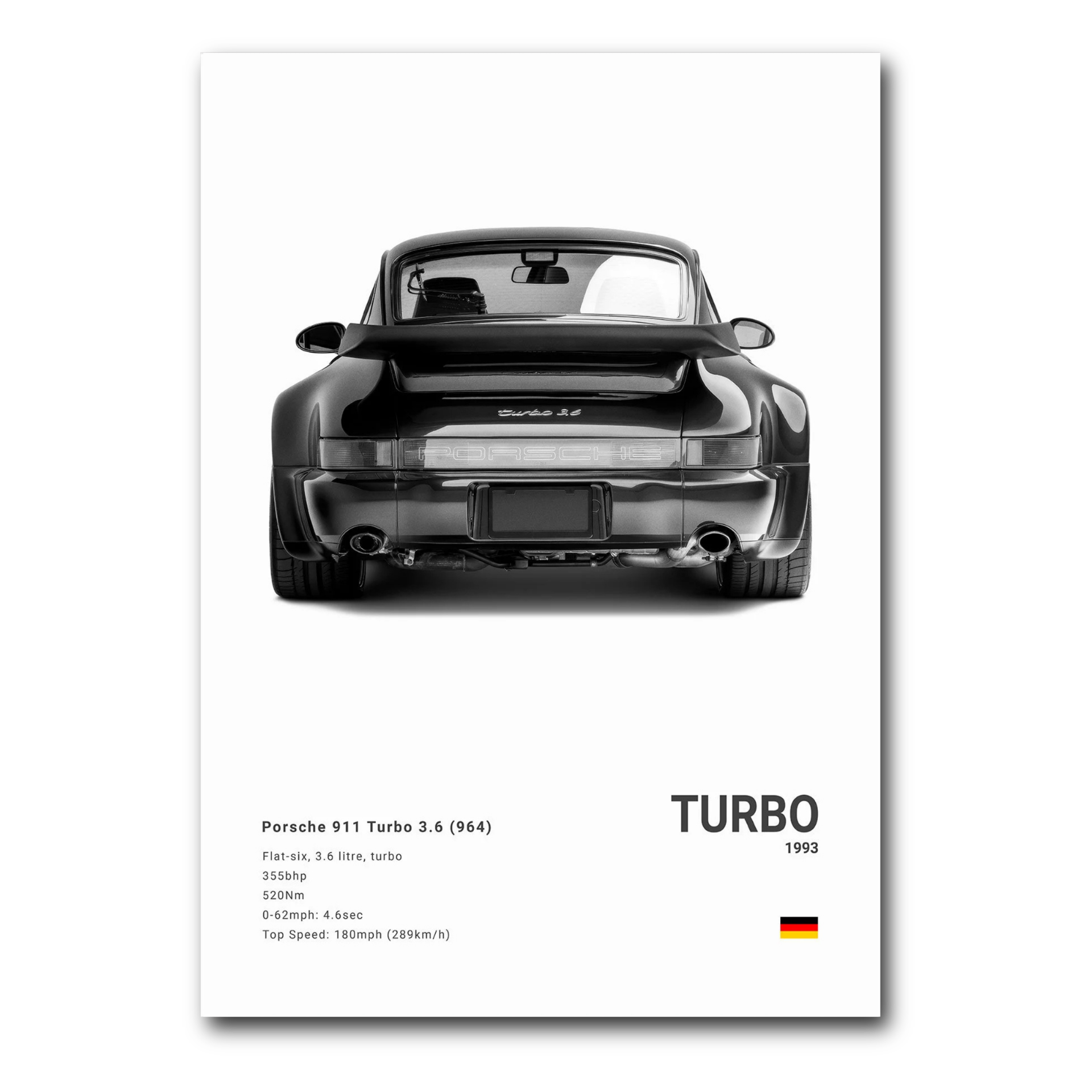 Poster Porsche 911 Turbo 964 vue arrière fond blanc