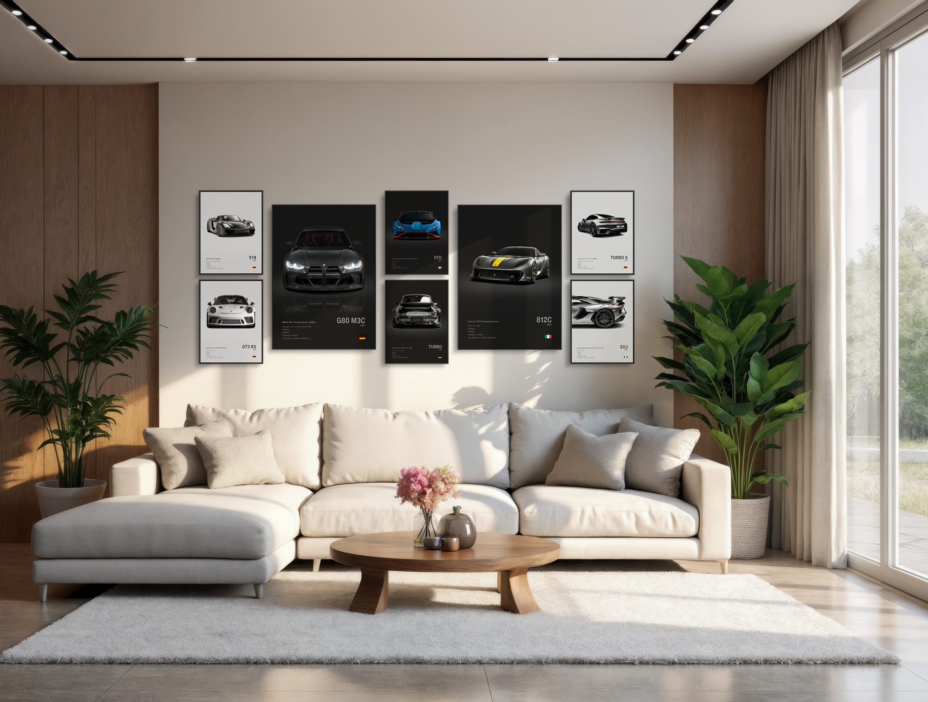 Modern living room with a beige sofa, coffee table, and wall art displaying various cars. Example on how to decorate a living room, garage, or car dealership.