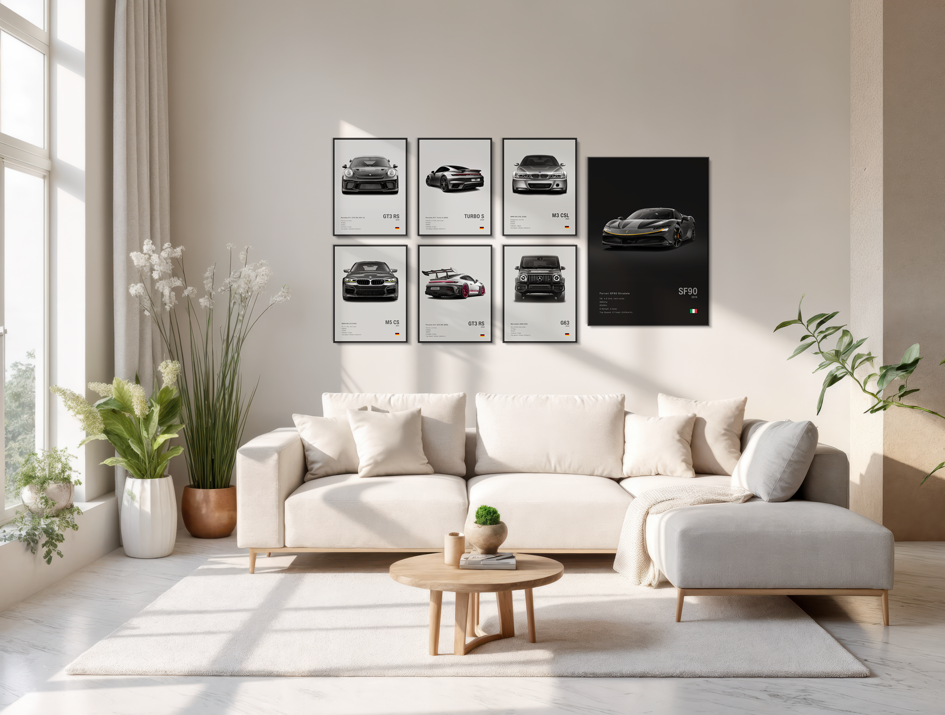 Modern living room with a white sofa, coffee table, and decorative wall art.