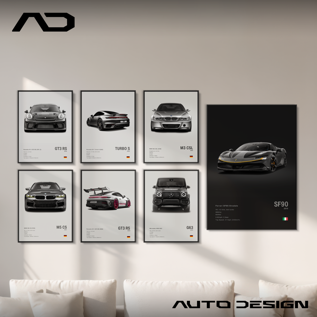 Collection of framed car posters on a wall with 'AUTO DESIGN' branding.