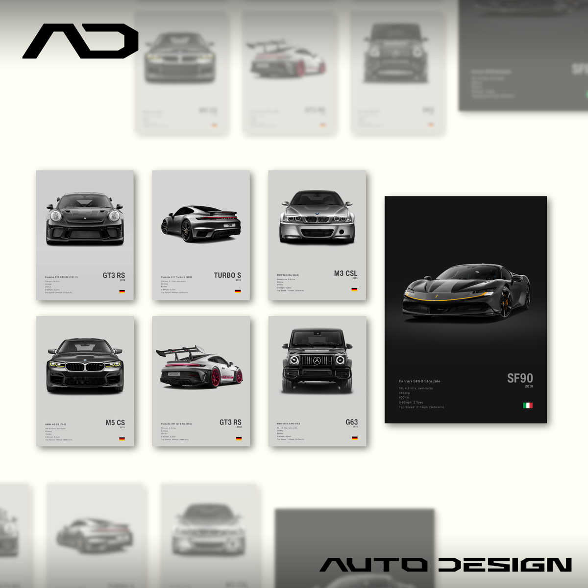 Collection of car posters featuring various models on a white background with 'AUTO DESIGN' branding.