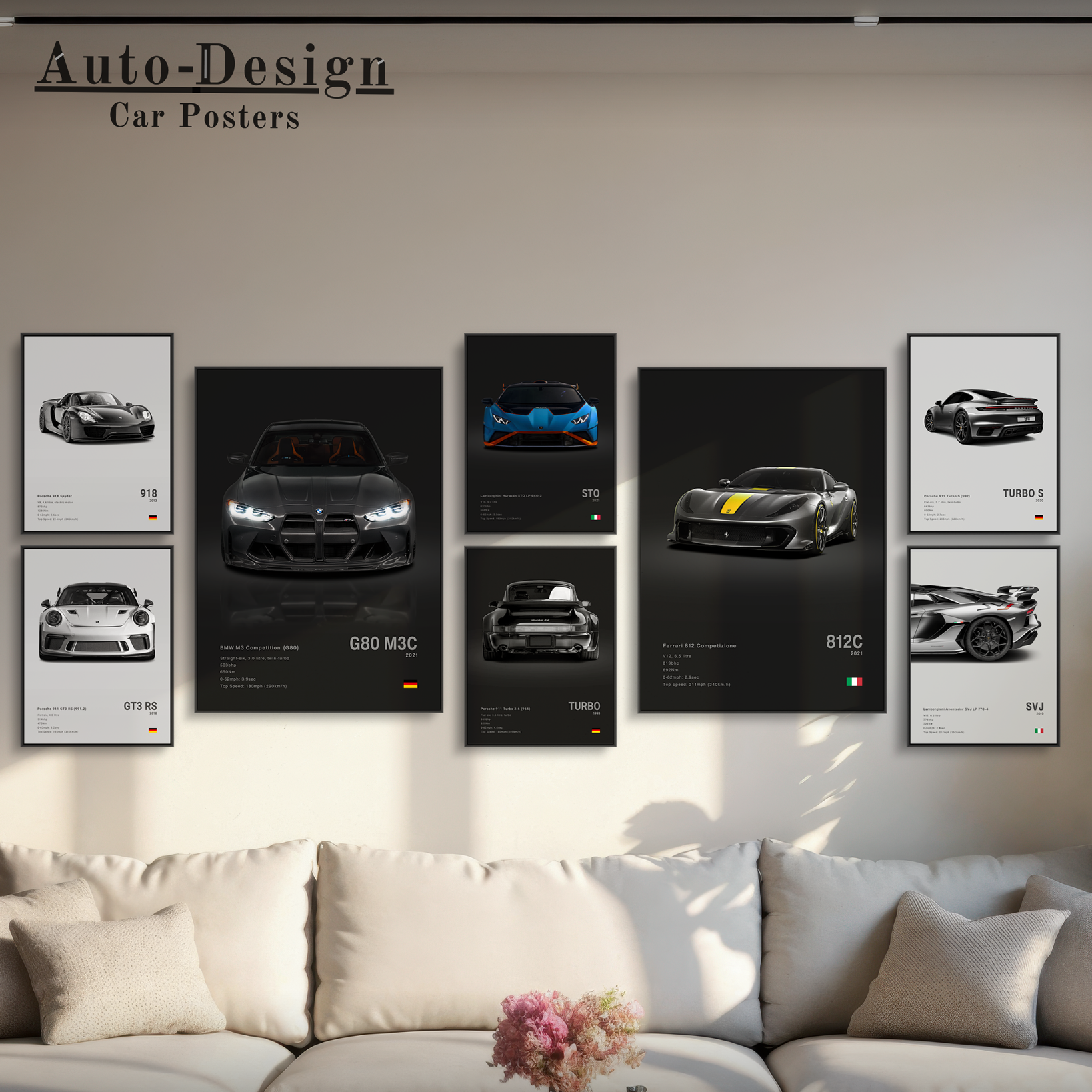 Set of 8 framed car posters with various models, 2 sizes and 2 background colors. Perfect decoration for garages and dealerships.