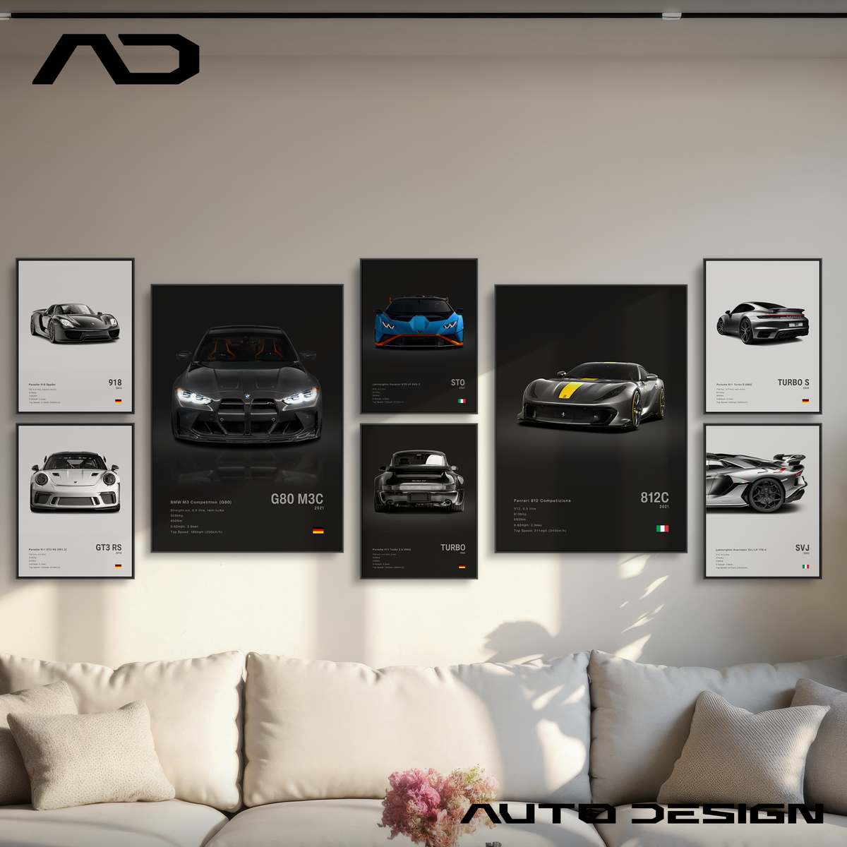 Wall art with car posters in a living room setting with AUTO DESIGN branding