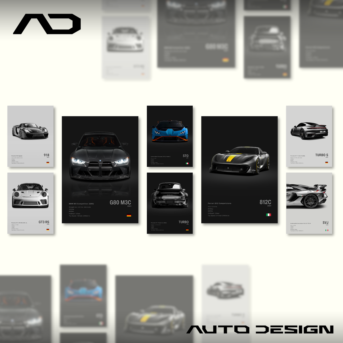 Collection of car posters with 'Auto Design' branding on a blurred background
