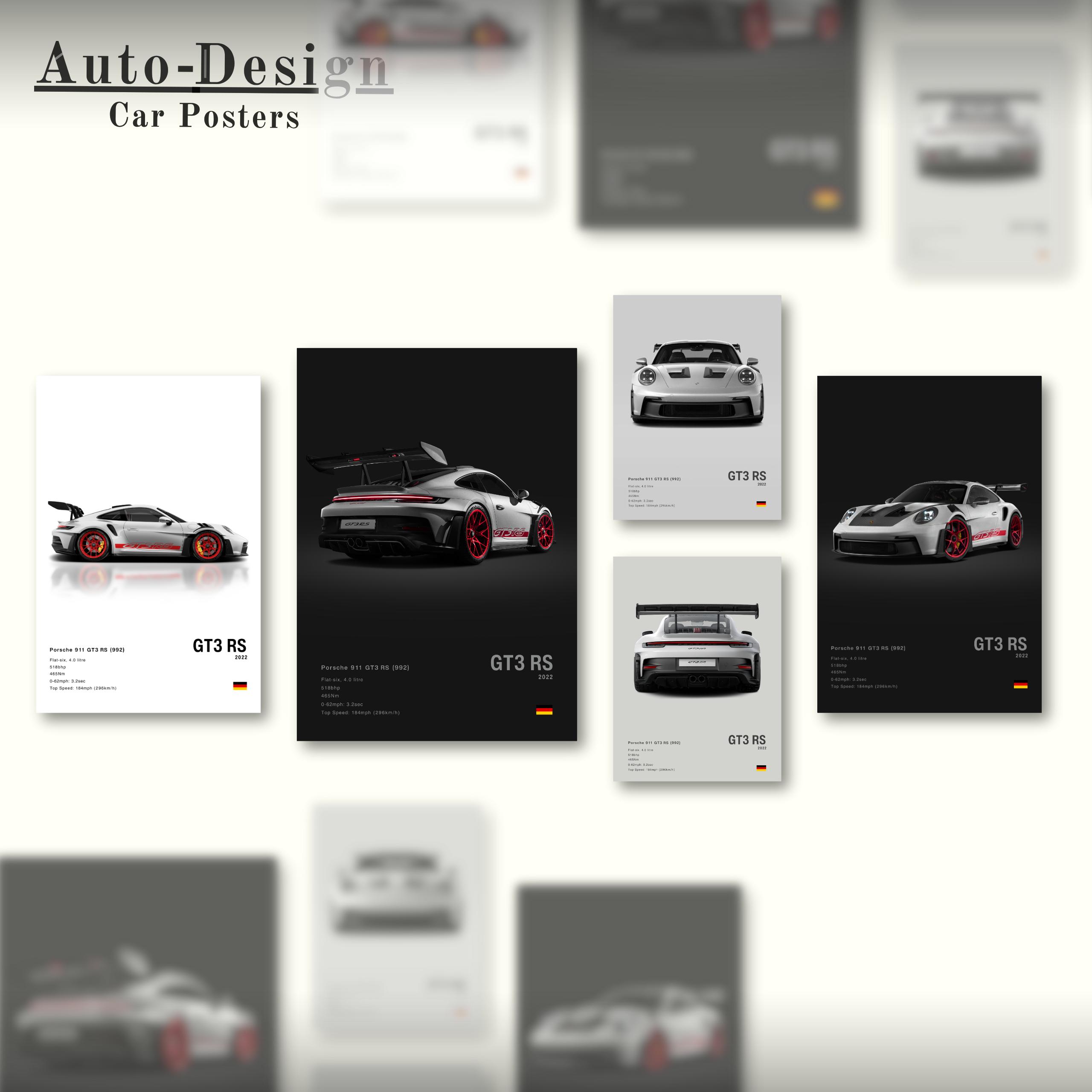 Bundle of car posters of the Porsche 992 GT3 RS models on a white, gray and black backgrounds.