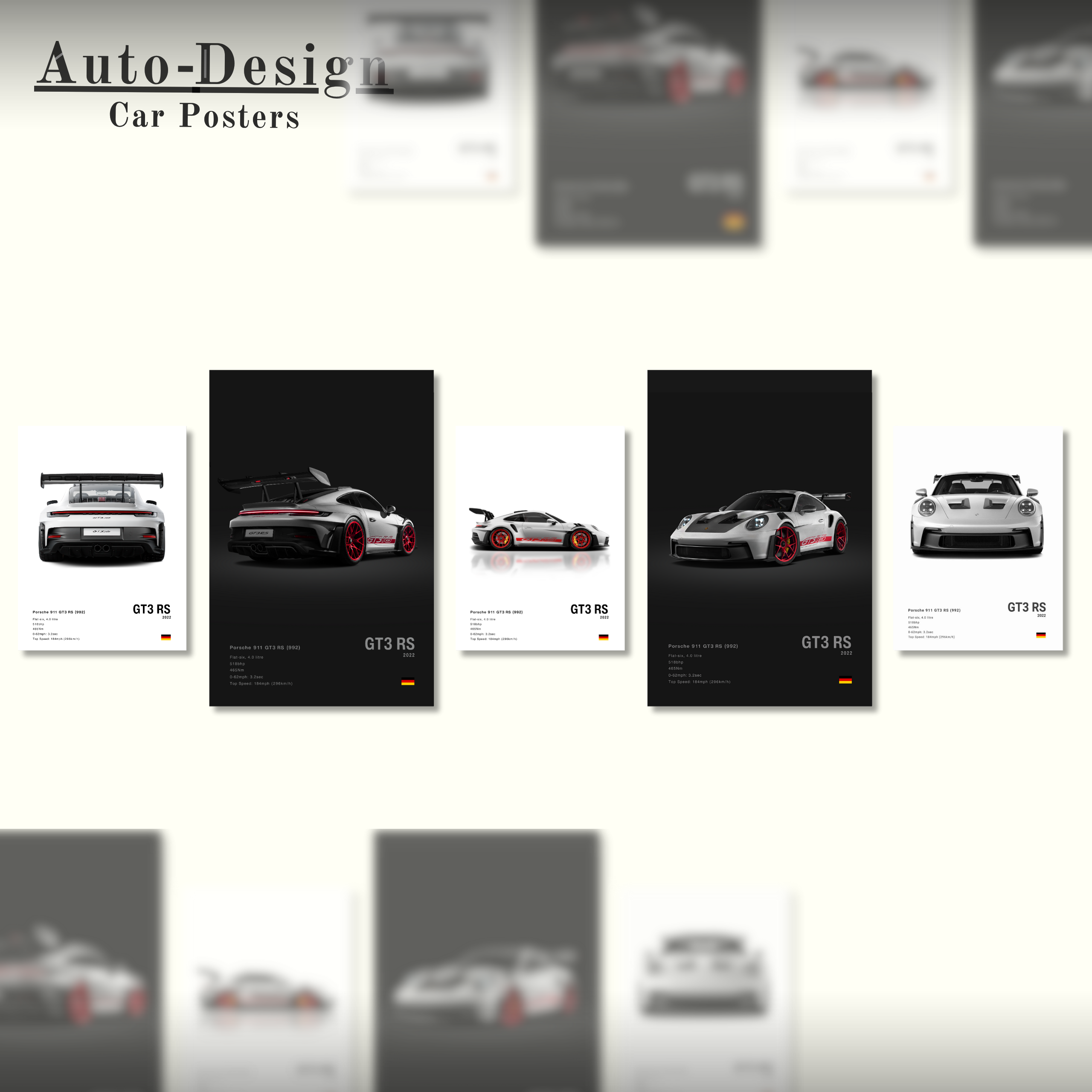 Bundle of Porsche 911 992 car posters featuring different views, sizes and poster backgrounds colors.
