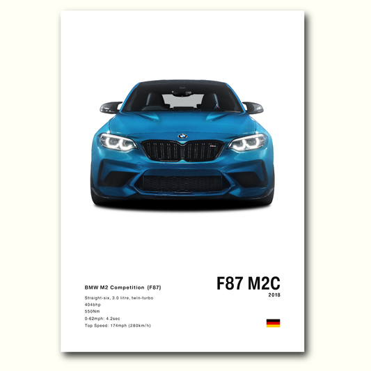 Poster BMW M2 Compétition F87 bleue vue de face fond noir