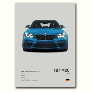 Poster BMW M2 Compétition F87 bleue vue de face fond gris