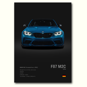 Poster BMW M2 Compétition F87 bleue vue de face fond noir