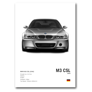 Poster de BMW M3 CSL E46 grise fond blanc vue de face 