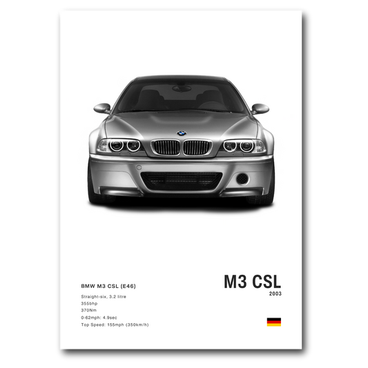 Poster de BMW M3 CSL E46 grise fond blanc vue de face 