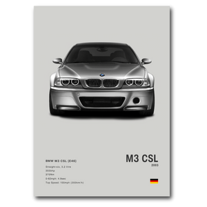 Poster de la BMW M3 CSL E46 grise sur fond gris vue de face 