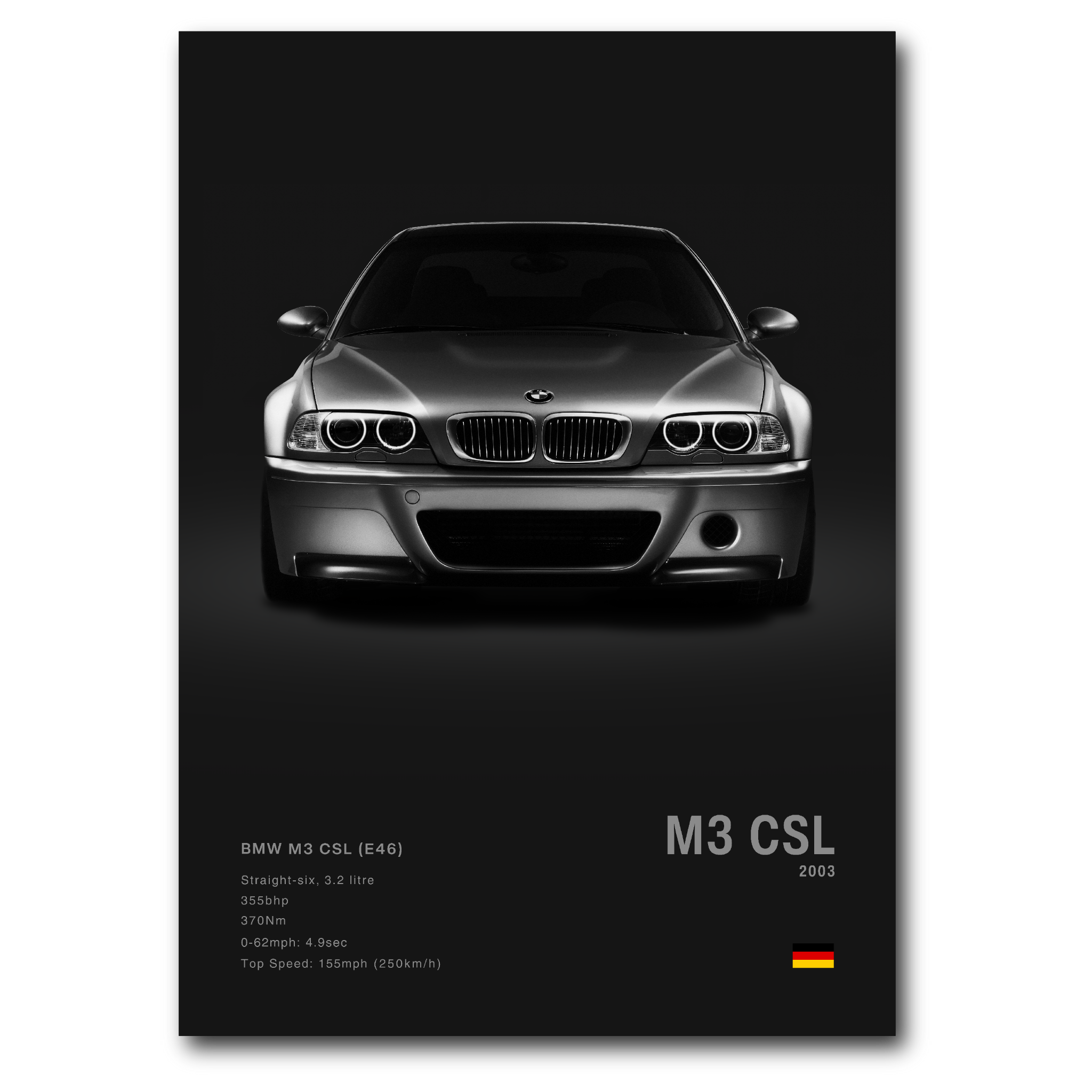 Poster de BMW M3 CSL E46 noir fond noir vue de face 