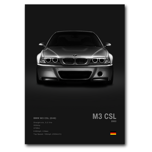 Poster de BMW M3 CSL E46 noir fond noir vue de face 