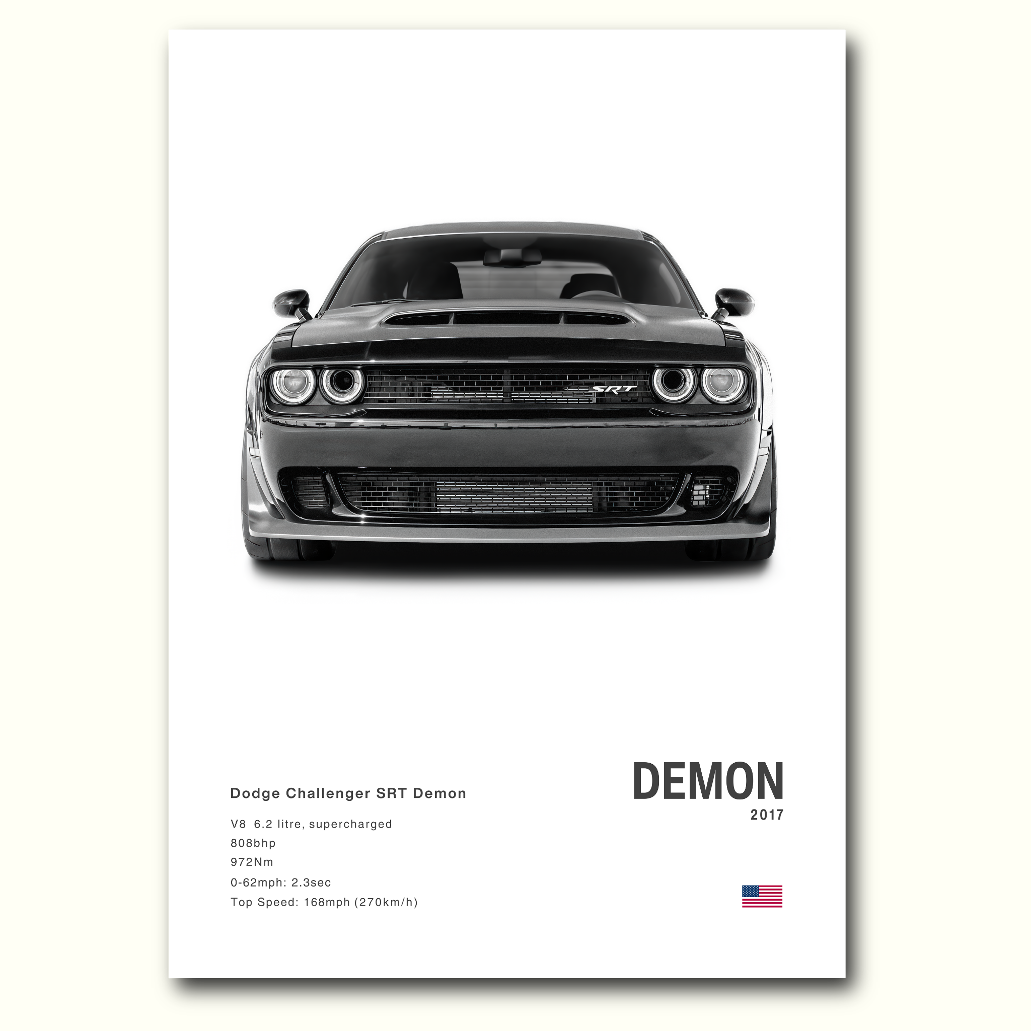 Black Dodge Challenger SRT Demon car on a white background with specifications below.