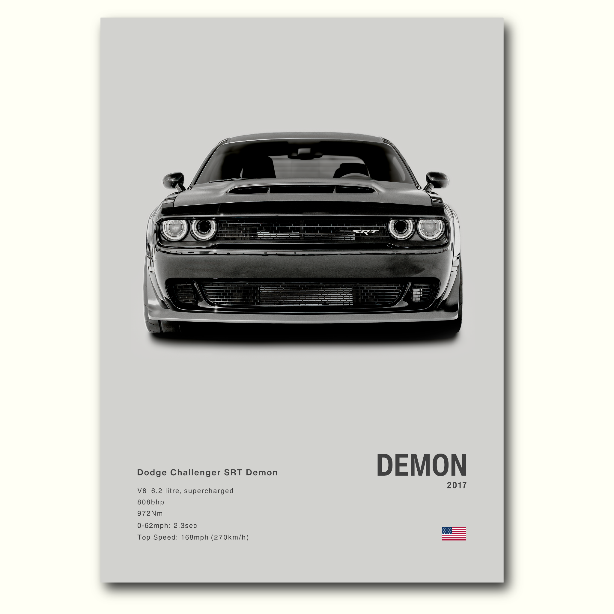 Black Dodge Challenger SRT Demon car on a gray background with specifications below.