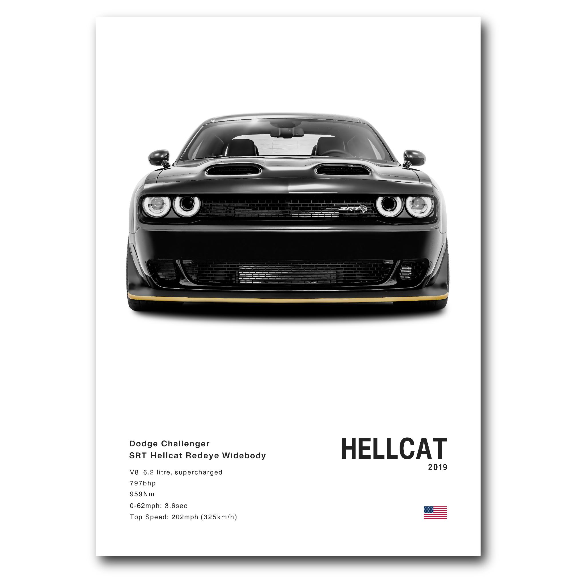 Poster de la Dodge Challenger SRT Hellcat noir sur fond blanc vue de face