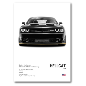 Poster de la Dodge Challenger SRT Hellcat noir sur fond blanc vue de face