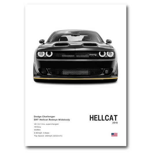 Poster de la Dodge Challenger SRT Hellcat noir sur fond blanc vue de face