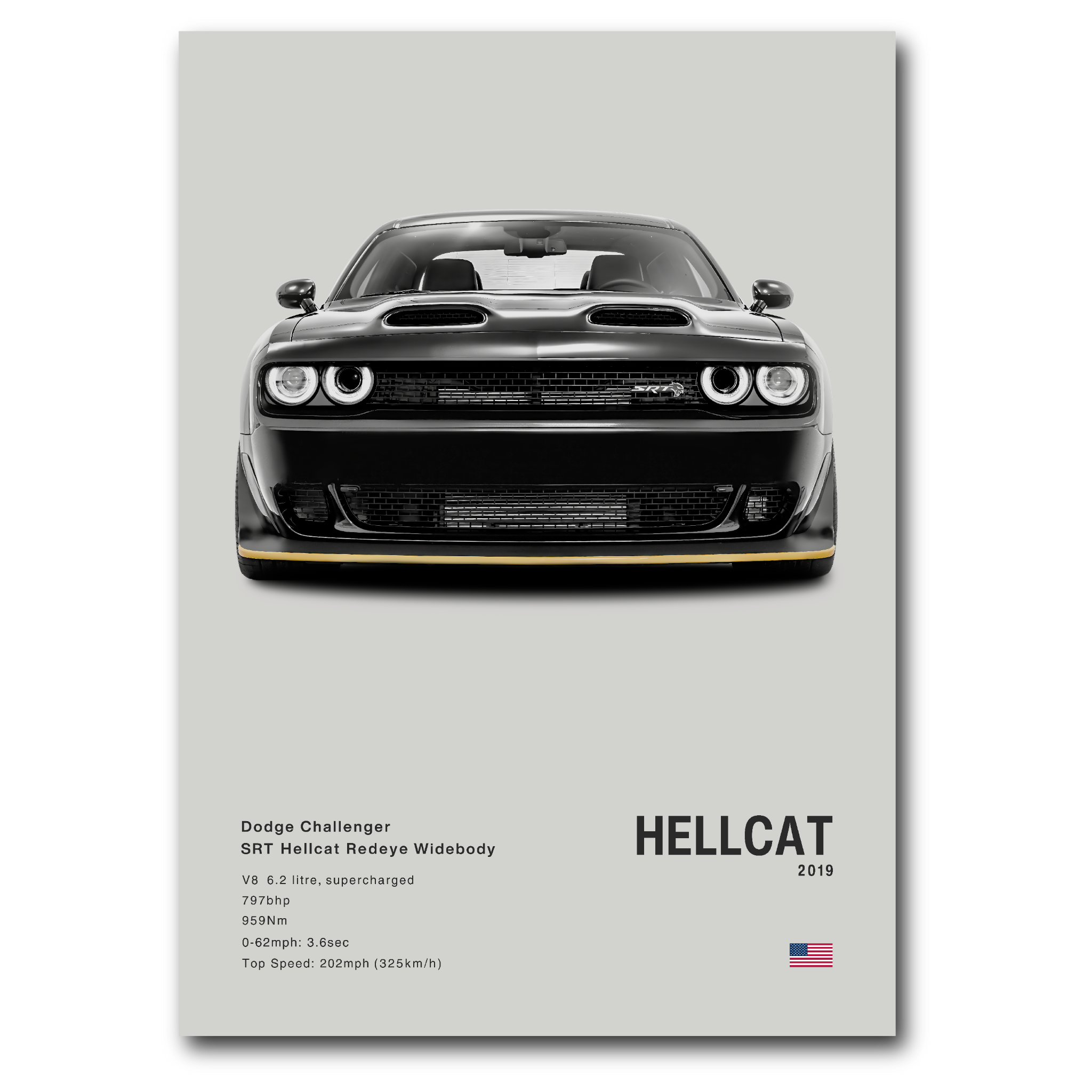 Poster Dodge Challenger SRT Hellcat noir fond gris vue de face