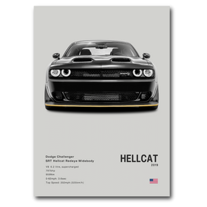 Poster Dodge Challenger SRT Hellcat noir fond gris vue de face