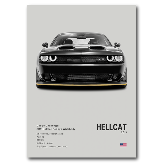 Poster Dodge Challenger SRT Hellcat noir fond gris vue de face
