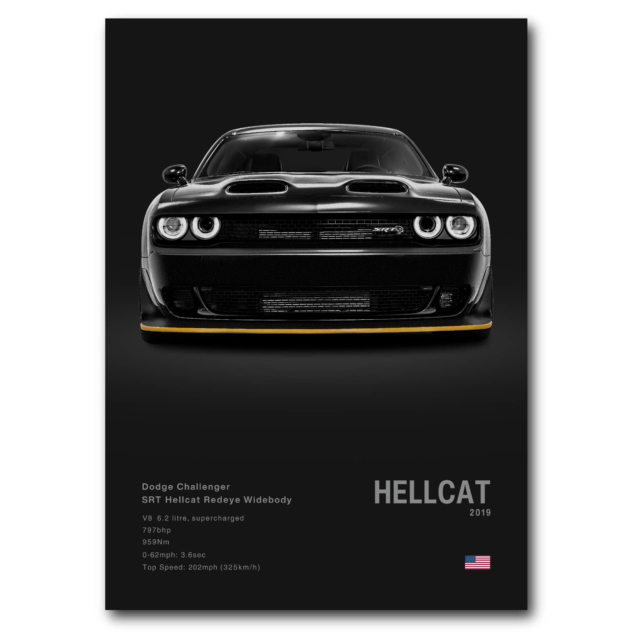 Poster de la Dodge Challenger SRT Hellcat noir sur fond noir vue de face