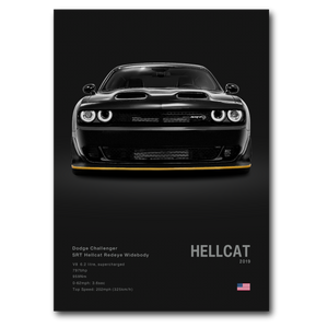 Poster de la Dodge Challenger SRT Hellcat noir sur fond noir vue de face