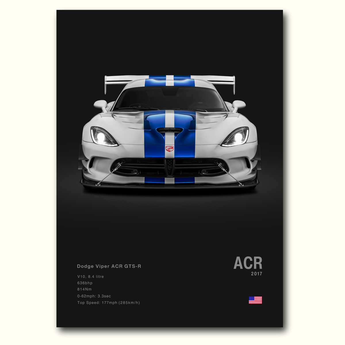 Dodge Viper ACR GTS-R car poster with blue stripes on a dark background with specifications listed. Minimalist poster for muscle car enthusiasts.