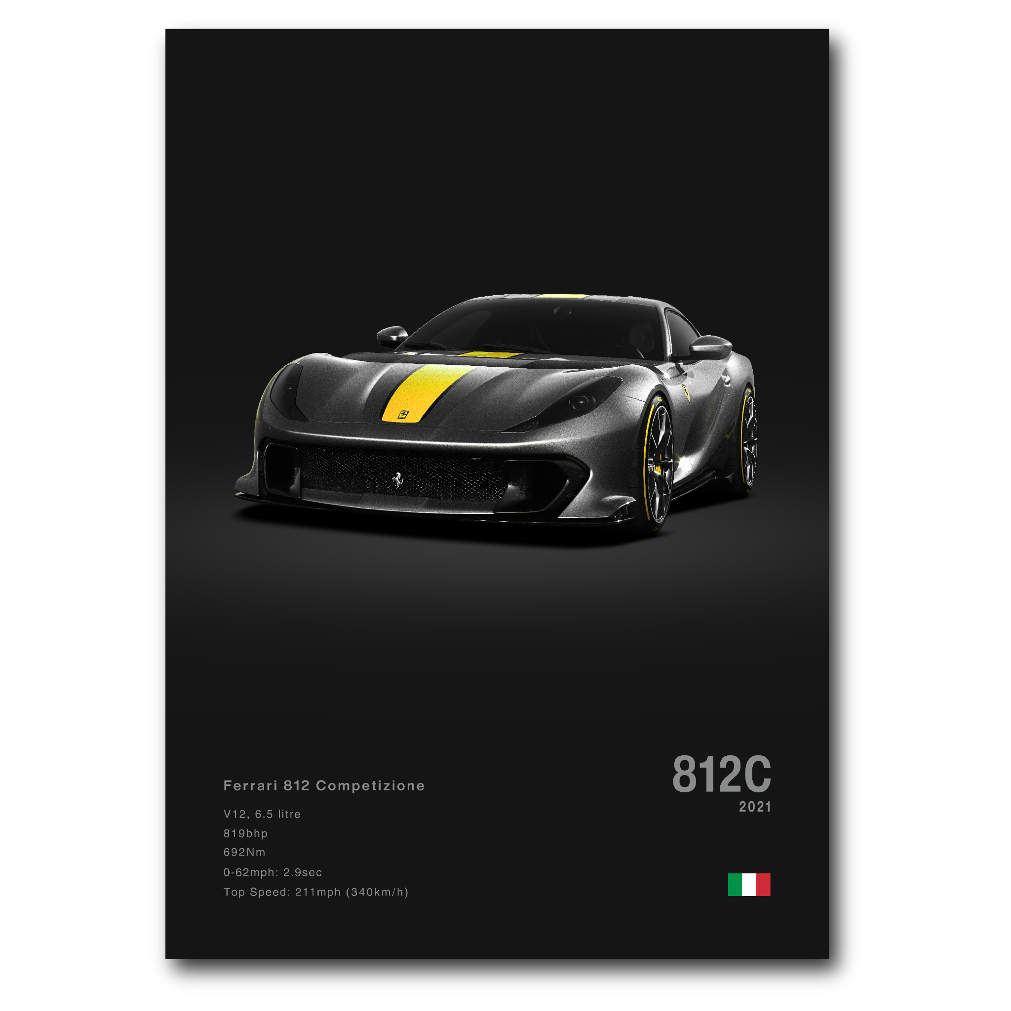 Poster de Ferrari 812 Competizione grise fond noir vue de face