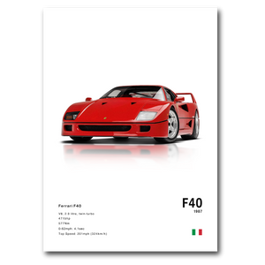 Poster de la Ferrari F40 rouge sur fond blanc  vue de face
