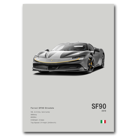 Poster de la Ferrari SF90 Stradale grise sur fond gris vue de face
