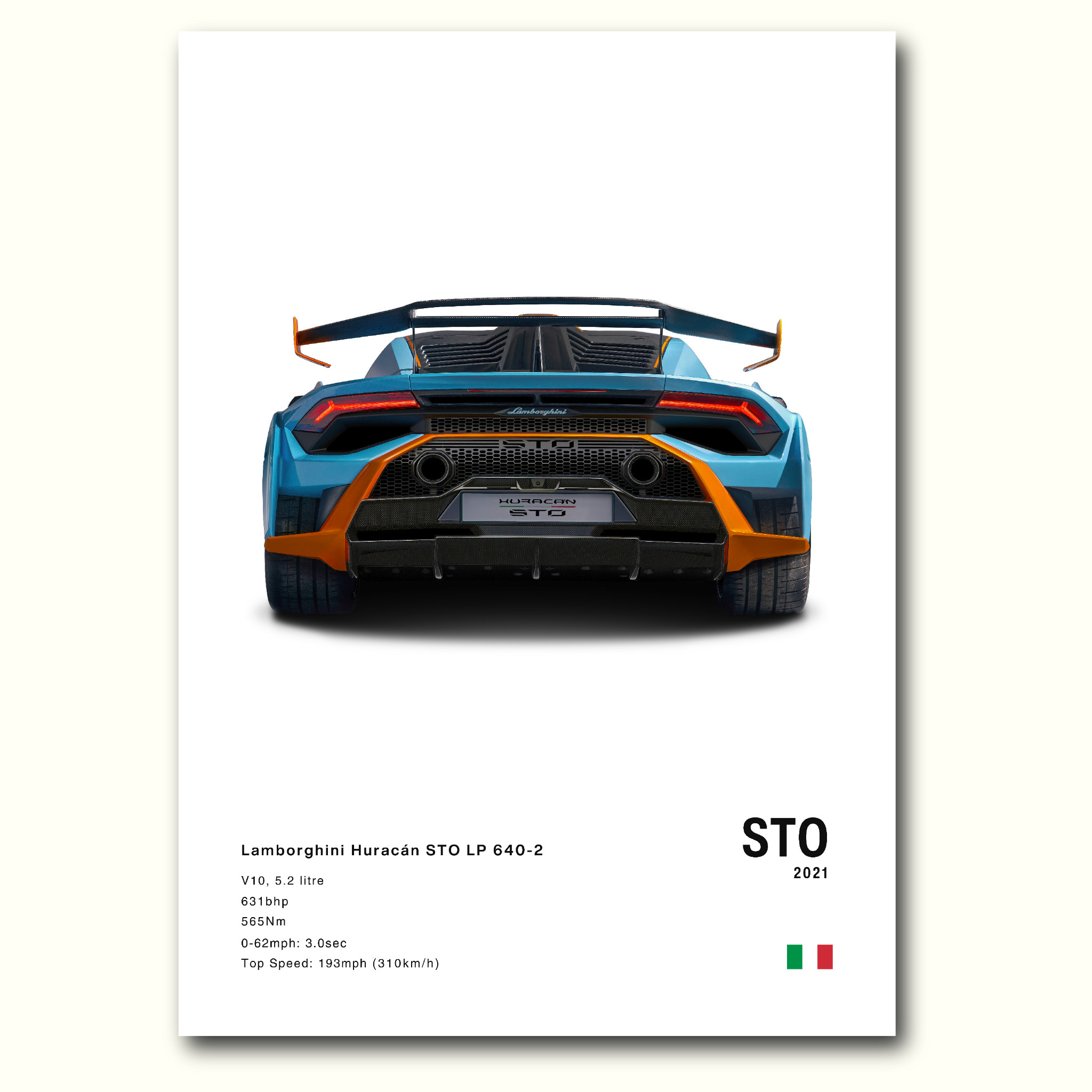 Poster Lamborghini Huracan STO en couleurs vue arrière fond blanc