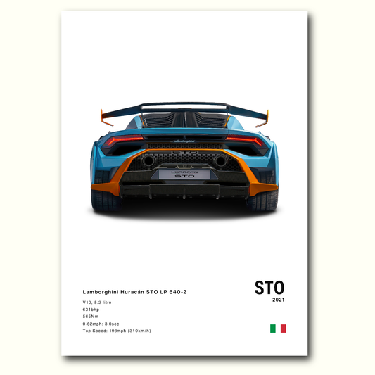 Poster Lamborghini Huracan STO en couleurs vue arrière fond blanc