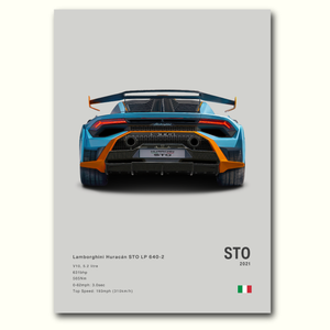 Poster Lamborghini Huracan STO en couleurs vue arrière fond gris