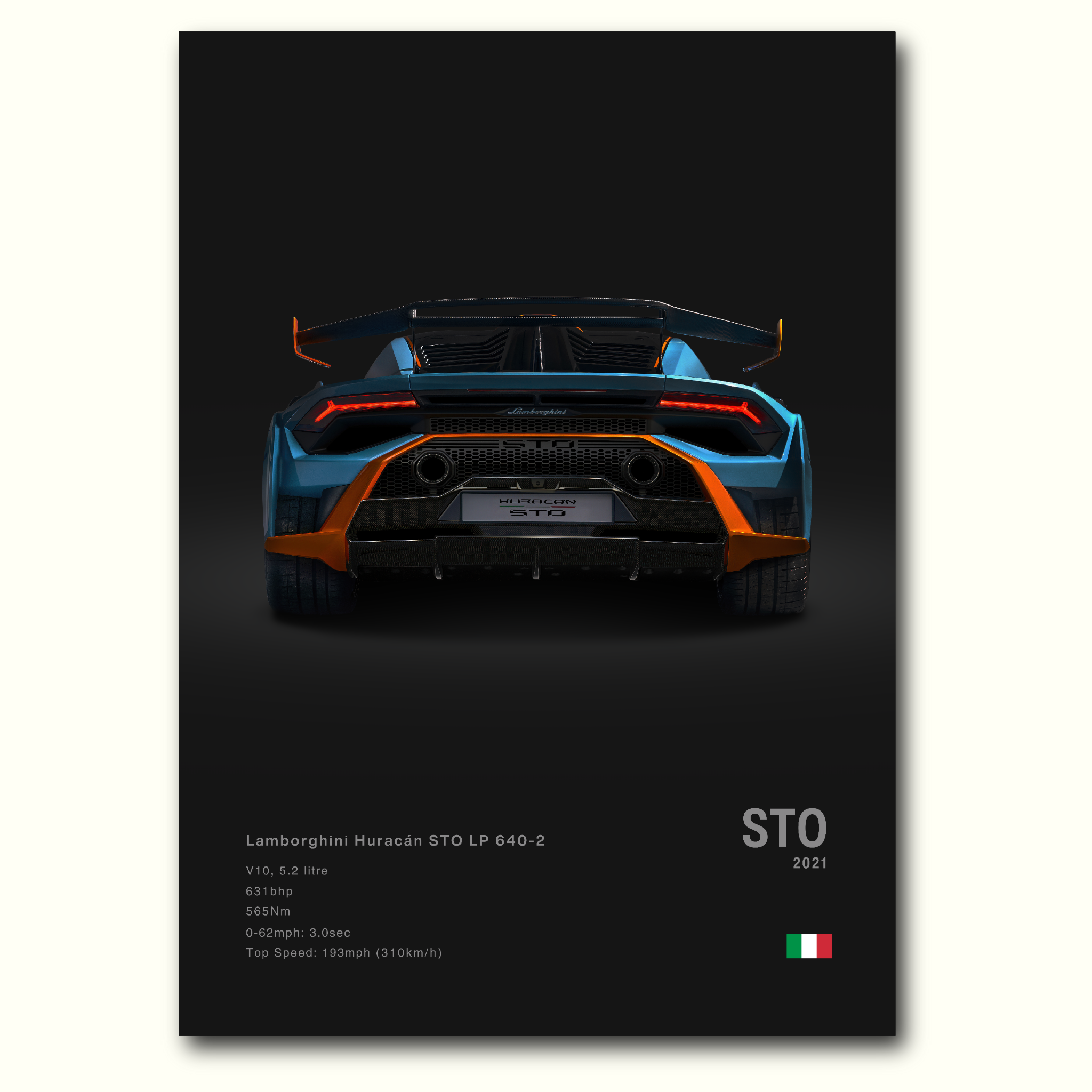 Poster Lamborghini Huracan STO en couleurs vue arrière fond noir