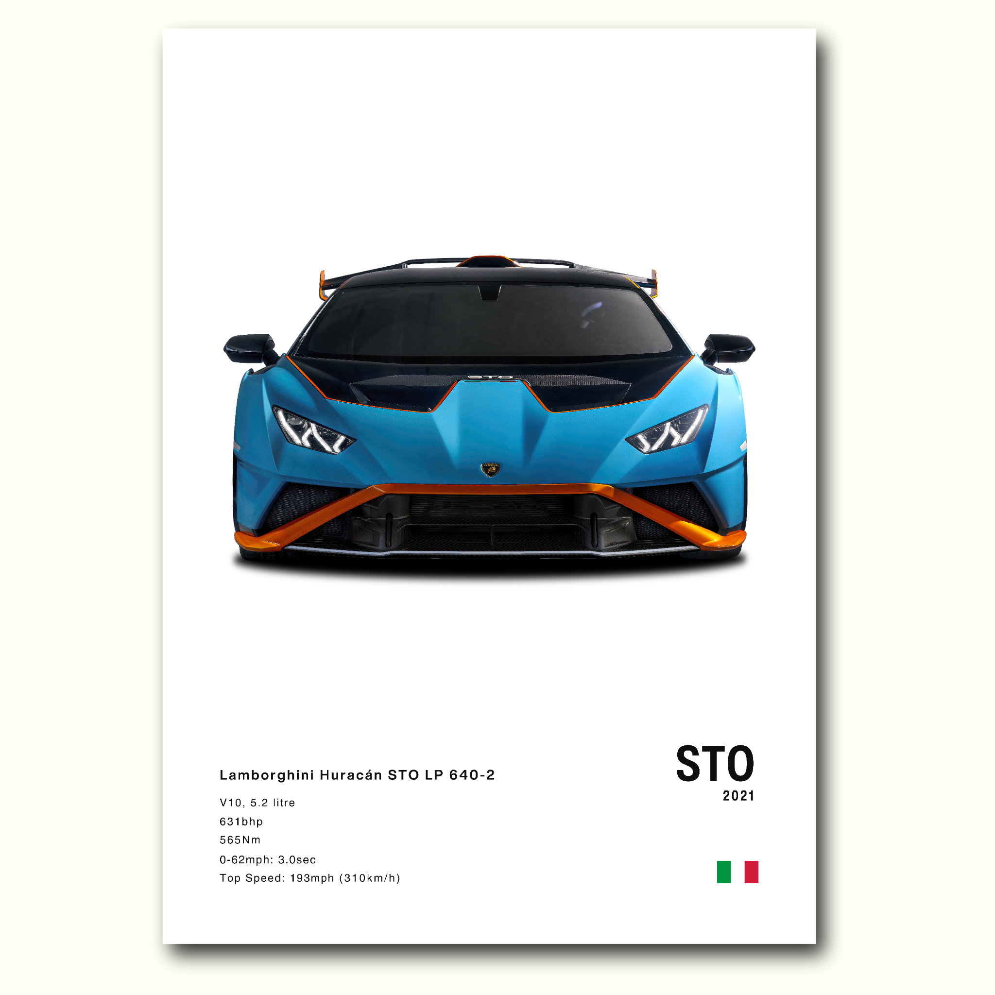 Poster Lamborghini Huracan STO en couleurs vue avant fond blanc