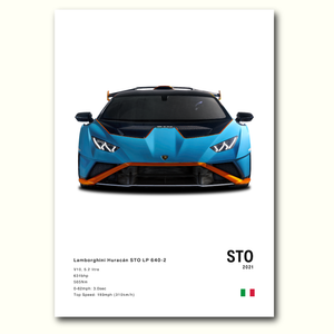 Poster Lamborghini Huracan STO en couleurs vue avant fond blanc