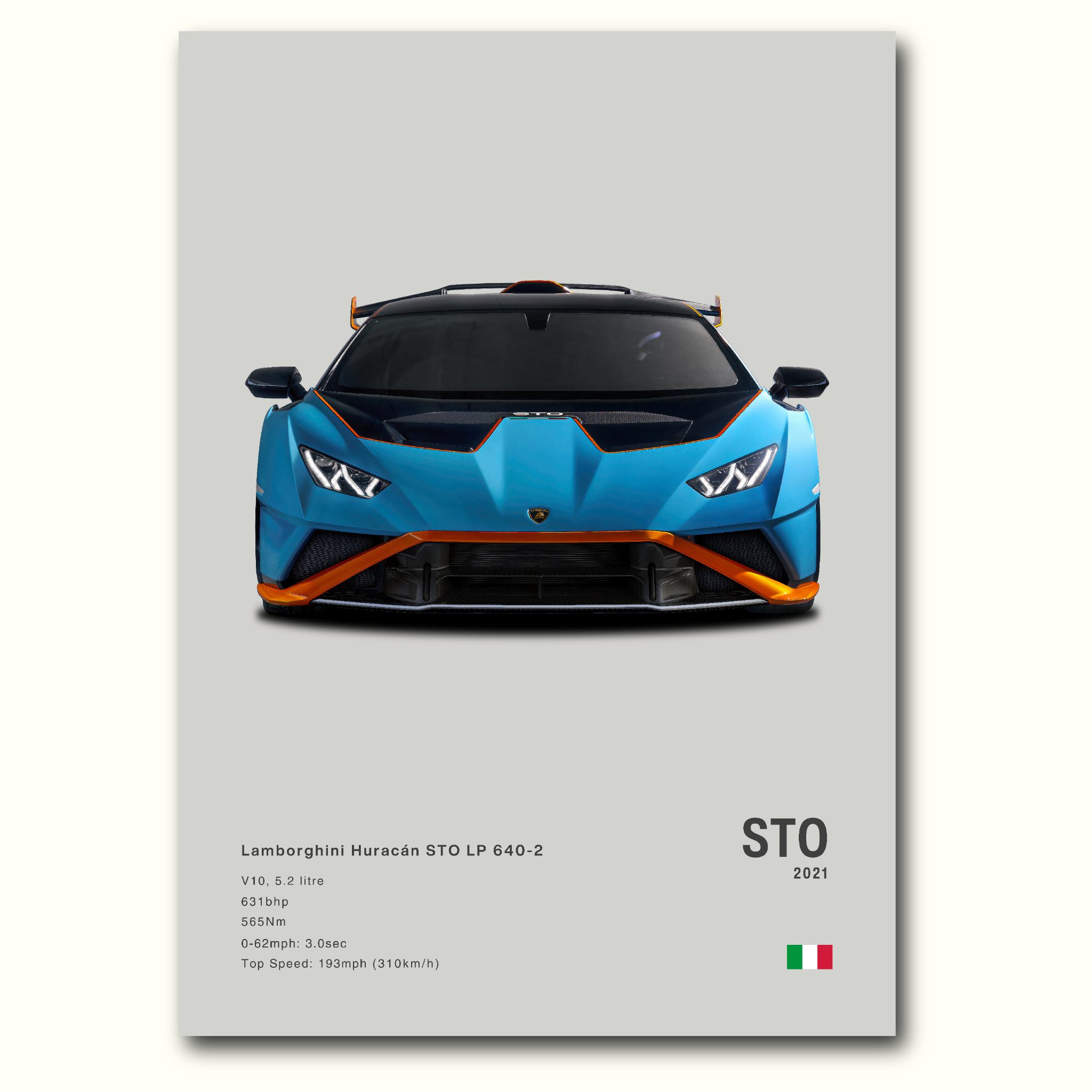 Poster Lamborghini Huracan STO en couleurs vue avant fond gris
