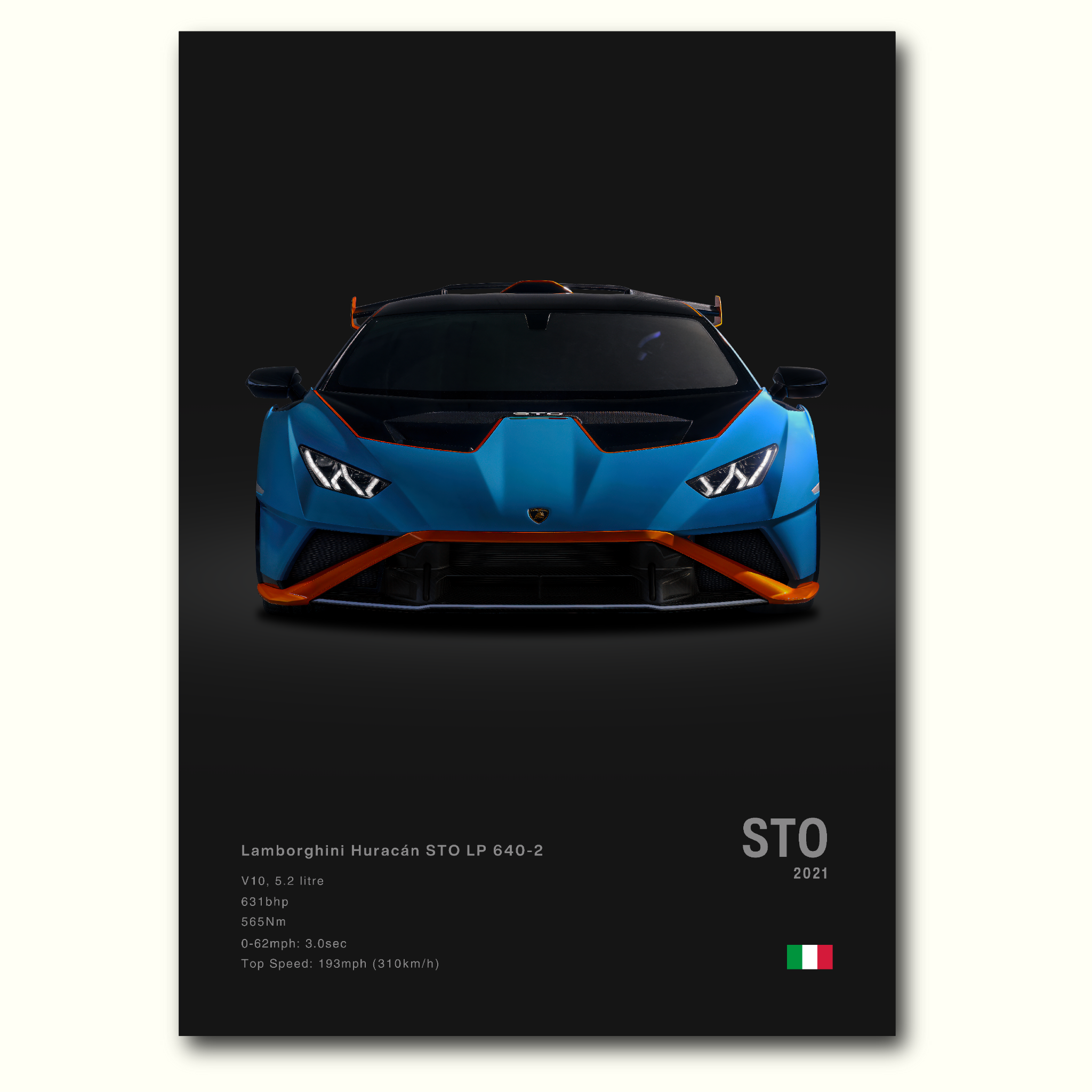 Poster Lamborghini Huracan STO en couleurs vue avant fond noir